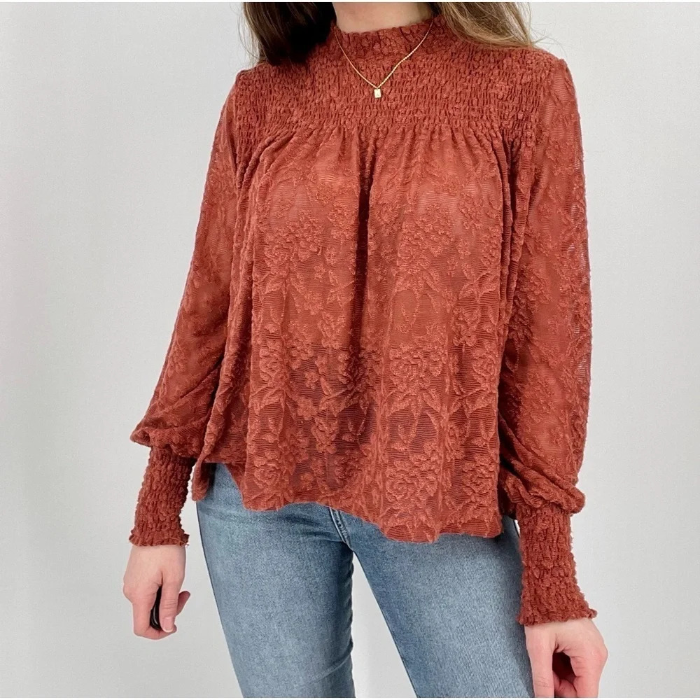 Anthropologie Deletta Amanna Lace Peasant Blouse Floral In Rust Size S